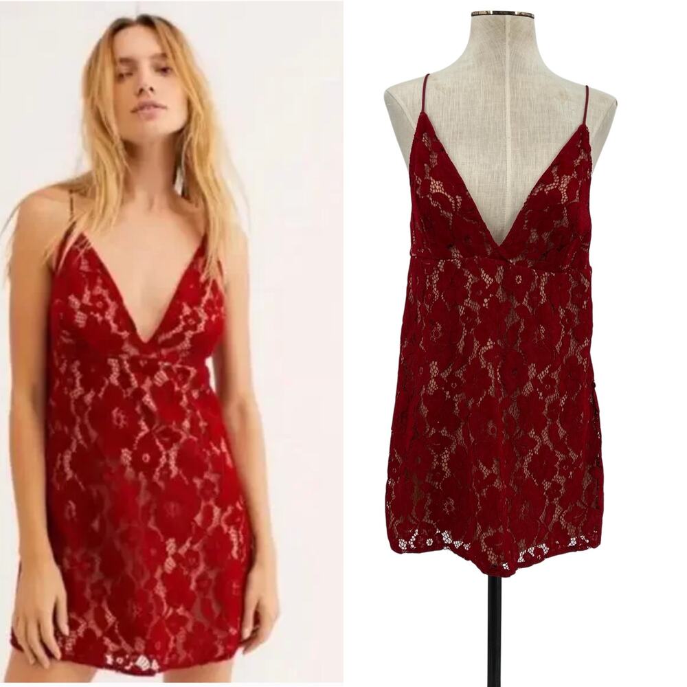Free People Dangerous Love Lace Mini Dress Red V Neck Low Back US 4